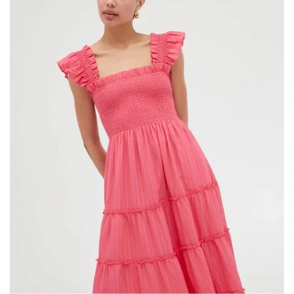 HILL HOUSE Ellie Tonal Seersucker Ruffle Shoulder Tiered Nap Dress, Watermelon - Picture 2 of 9